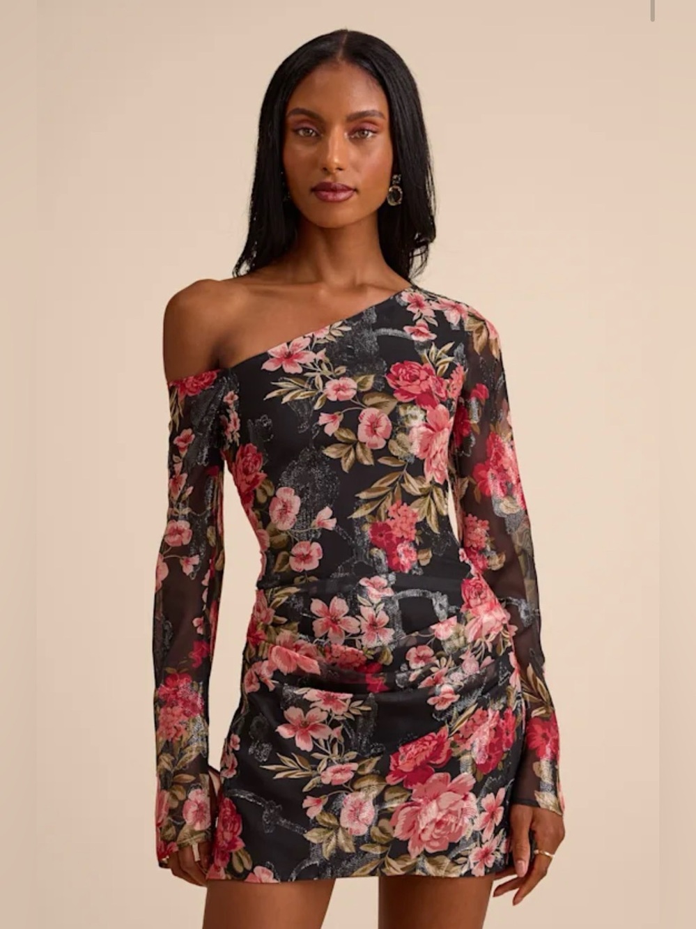 Lulus Aviora Black Floral Burnout One-Shoulder Long Sleeve Mini Dress